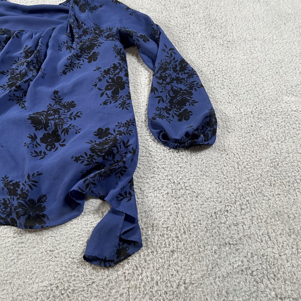 Torrid Shirt Womens 2 Blue Black Floral Sheer Long Sleeve Split Back Blouse - Picture 13 of 16